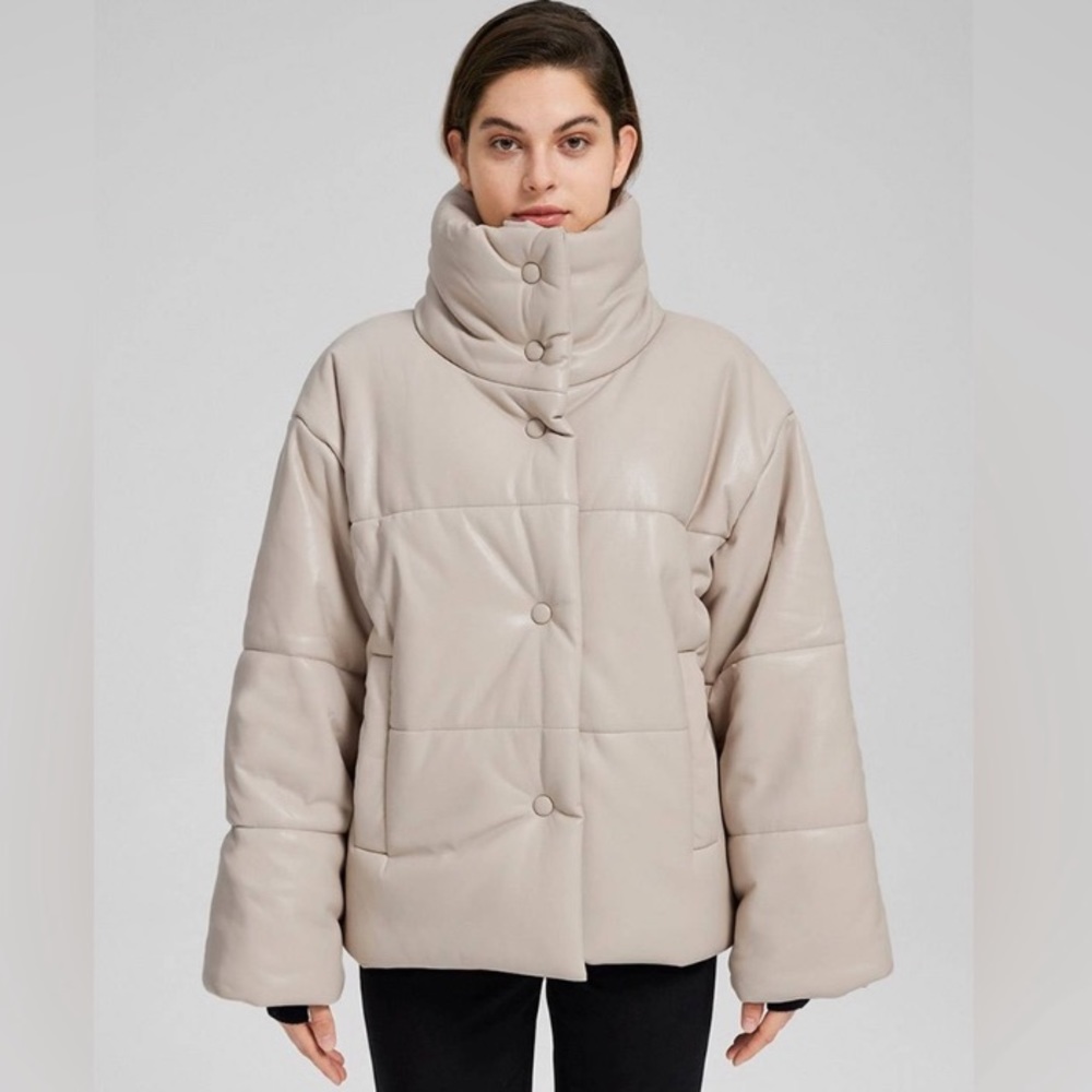Faux Leather Cream Puffer Jacket High Neck Funnel Neck Coat - Picture 16 of 17